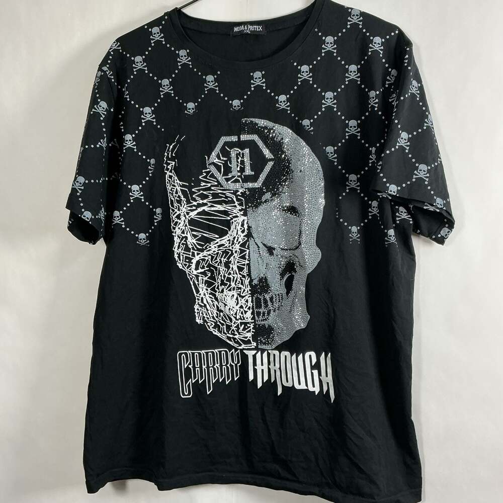 Moda & Pritex Carry Through Crystal Skull Rhinestone Graphic Black T-Shirt XXL